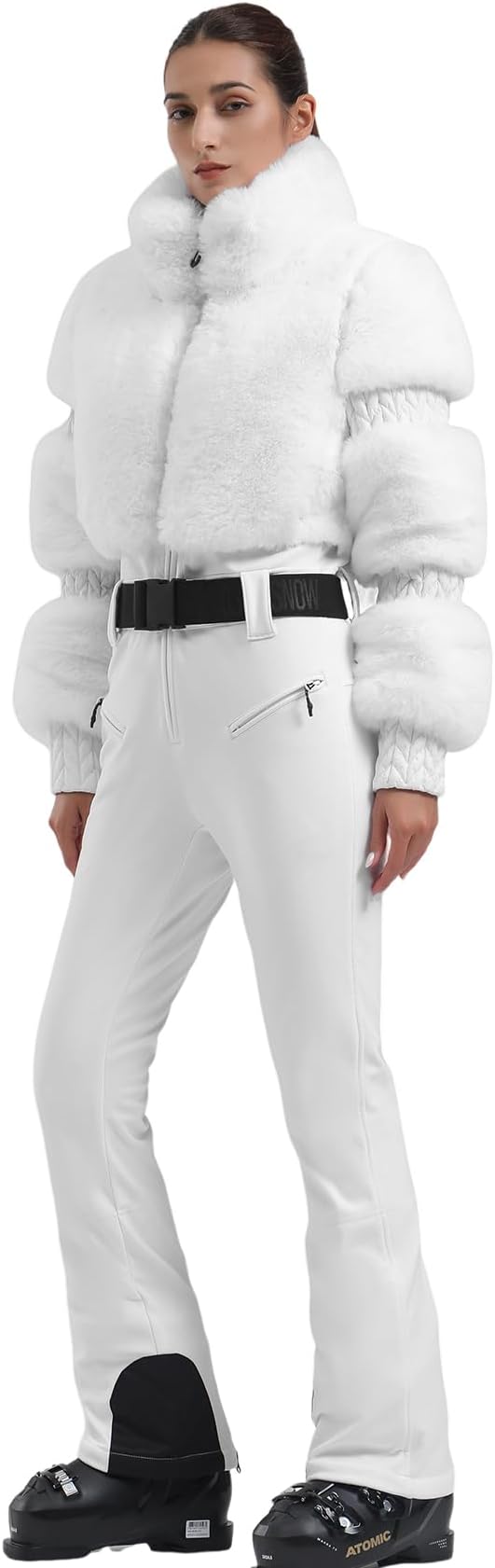 Women Ski Suit One Piece Snowsuit Snowboard Faux Fur Collar Slim Jumpsuit Jacket Insulated Windproof Outdoor Winter