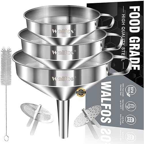 Comparison: Best Funnels For Kitchen 5 Stainless Steel Funnel, Walfos 3 Pack Kitchen Funnel with 2 Removable Strainer & 1Pcs Cleaning Brush, Perfect for Transferring of Liquid, Oils, Jam, Dry Ingredients & Powder