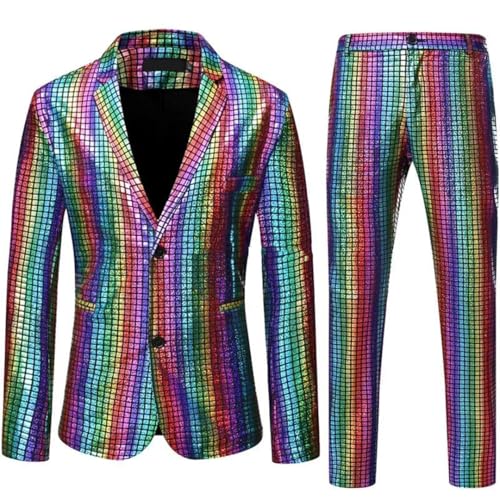 Mens Stage Prom Suits Plaid Sequin Jacket Pants2