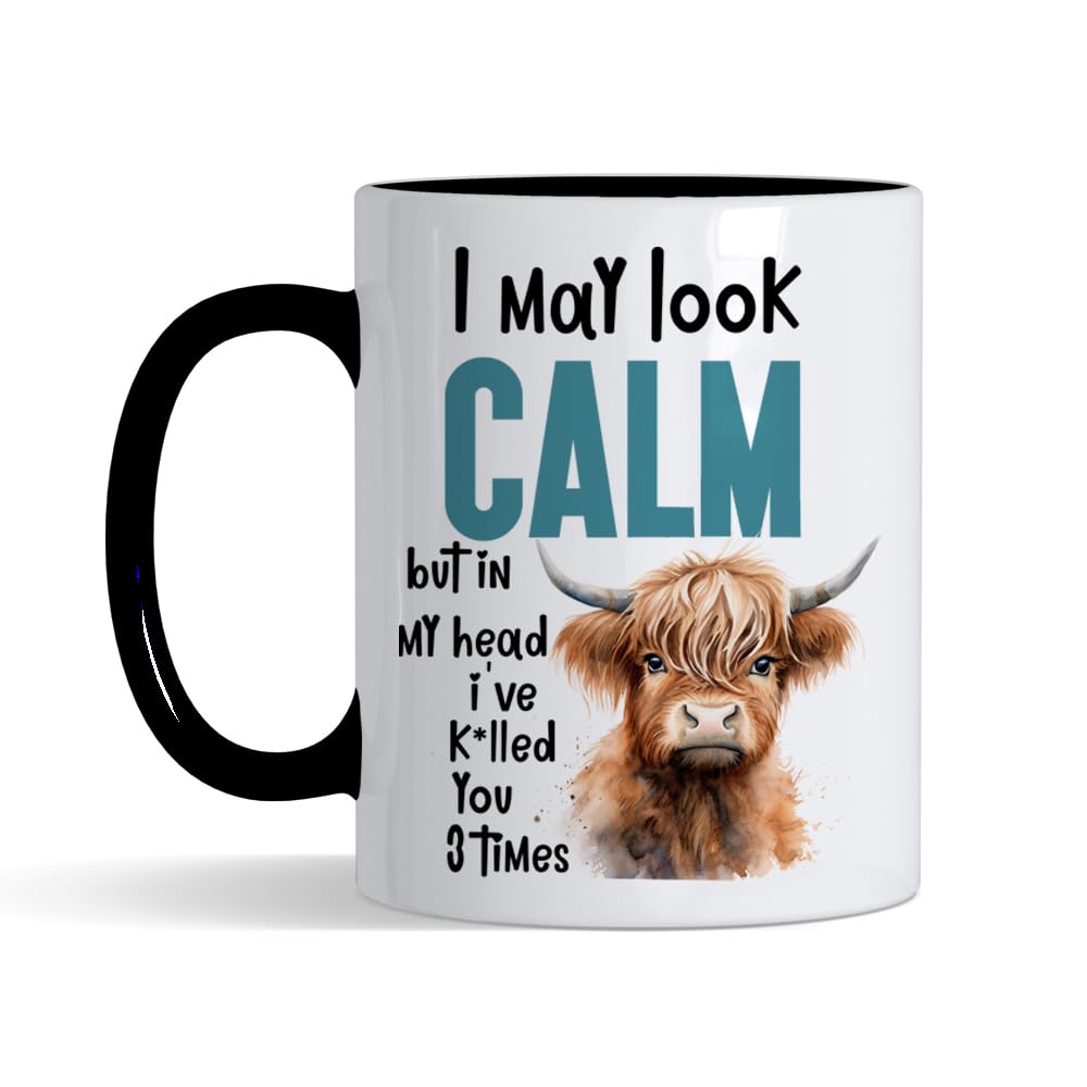 Funny Cow – “I May Look Calm But in My Head I’ve K*illed You 3 Times” – Animal Humor Gifts for Friends, Cow Lovers, Men, Women, Inside Coloured Mug,Ceramic Coffee, Tea Mug. (Black)