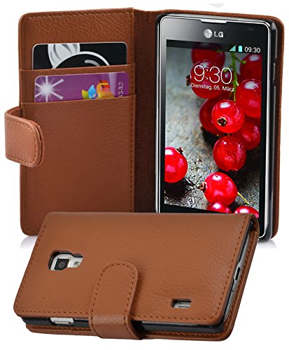 Cadorabo Book Case Compatible with LG Optimus L7 II in Saddle Brown - with Stand Function and Card Slot Made of Structured Faux Leather - Wallet Etui Cover Pouch PU Leather Flip