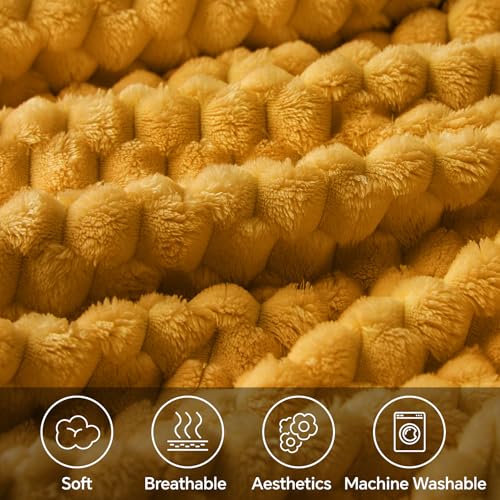 Image of BEDELITE Mustard Yellow Throw Blanket for Couch, Soft Cozy Gifts for Women | 3D Jacquard Decorative Fleece Blanket, Super Soft Plush Throws, Cute Birthday Gift for Women, Suitable for All Seasons, 50*60