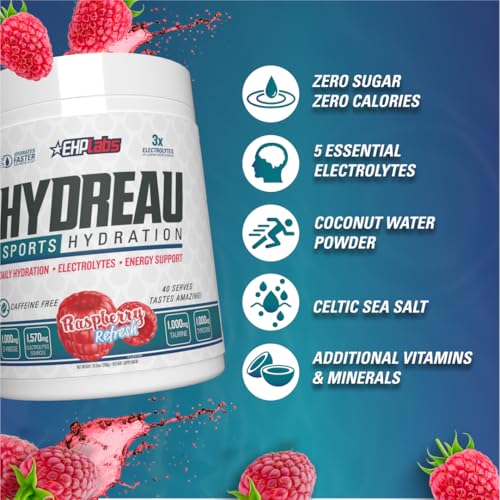 Image of EHP Labs Hydreau Electrolytes Powder No Sugar - Hydration Powder for Endurance & Energy - Electrolyte Powder for Men & Women - Sugar Free Electrolytes - Raspberry Refresh (40 Serves)