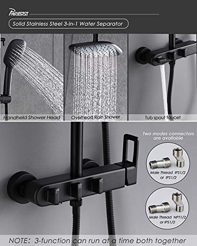 image for PHASAT Matte Black Shower Fixtures Brass 3 Function Bathtub Shower Fau