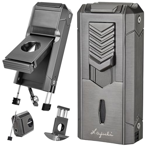 6-in-1 Torch Lighter with Twin Nubber Auto-Pop V-Shape Clipper Draw Enhancer Holder and Punch Refillable & Adjustable Windproof Butane Lighter Premium Gift Box for Men & Travel Essential