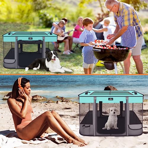 Foldable Pet Kitten Playpen, Waterproof Portable Cat Dog Playpen Kennel Tent for Small Dog Cat, Retractable Shade Cover, Come with Free Carrying Case, Indoor Outdoor Use for Small Animals, BlackTeal - Thumbnail 7