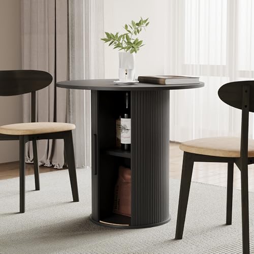 Image of 31.5 inch Round Dining Table for 2-4, Modern Kitchen Table with 2-Tier Storage Shelf, Small Wooden Circle Dining Tables with Fluted Base for Home Dining Room Living Room (Black)