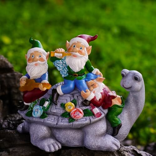 Figurine solaire de jardin originale tortue et nains pour cadeau pendaison de crémaillère