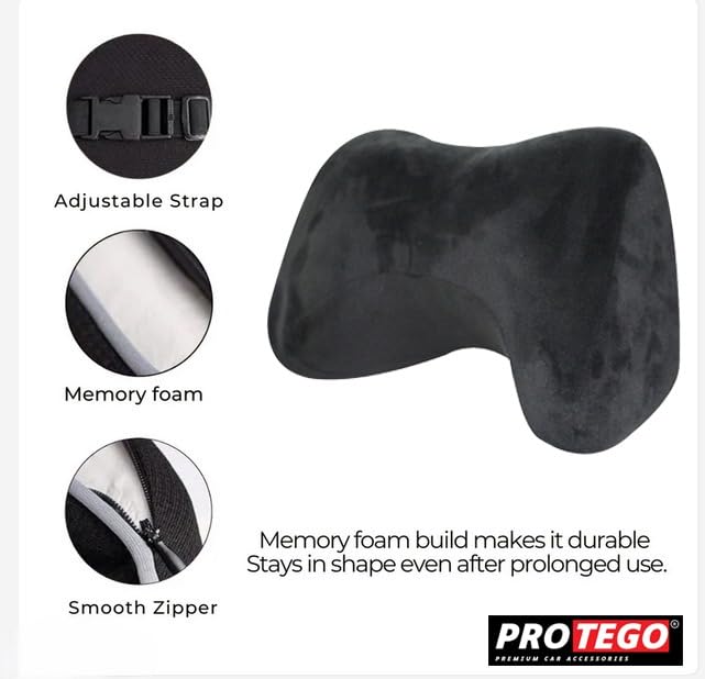 PROTEGO Universal Memory Foam Car Neck Rest Pillow with Washable Velvet Cover | Relieves Neck Pain | Ergonomic Support Orthopedic Cushion Ultra Soft| for All Hatchback SUV Sedan Cars |Black (Curve) 2