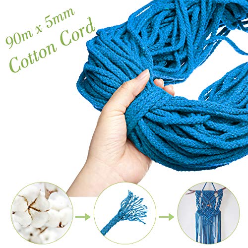 GEMITTO Cuerda de Algodón Natural, 90m x 5mm Algodón Cuerda Trenzado Decoracion Planta Bohemia DIY Hecha a Mano Craft Azul