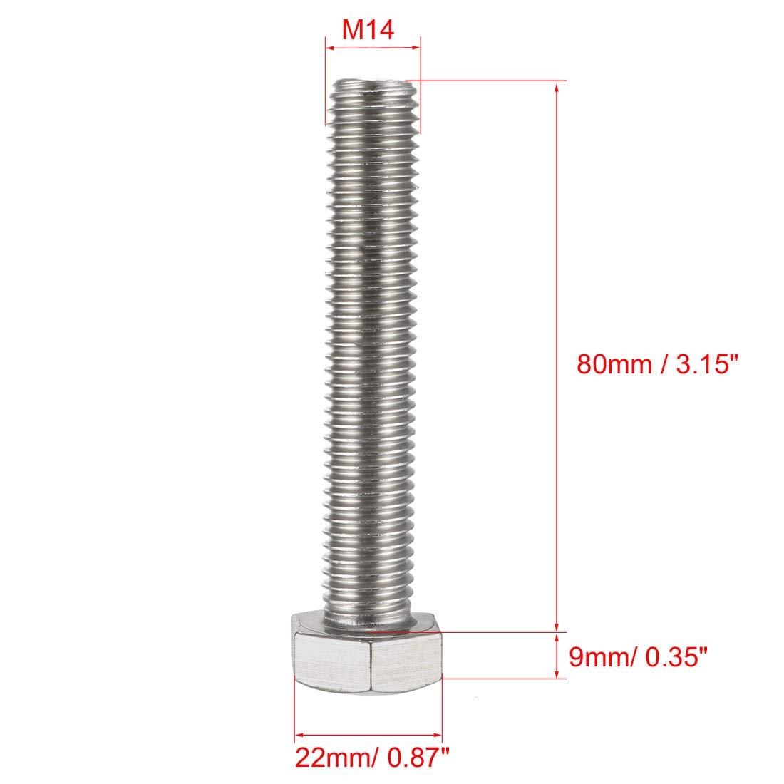 sourcing map Rosca M14 de 80mm Tornillos de cabeza hexagonal de 304 acero inoxidable de 2pcs