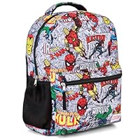 Marvel Comics Allover School Backpack - Avengers, Spiderman, Captain America, Iron Man, Hulk - Officially Licensed Bookbag for Kids Boys Girls and Adults - Laptop and Lunchbox Compatible (White)