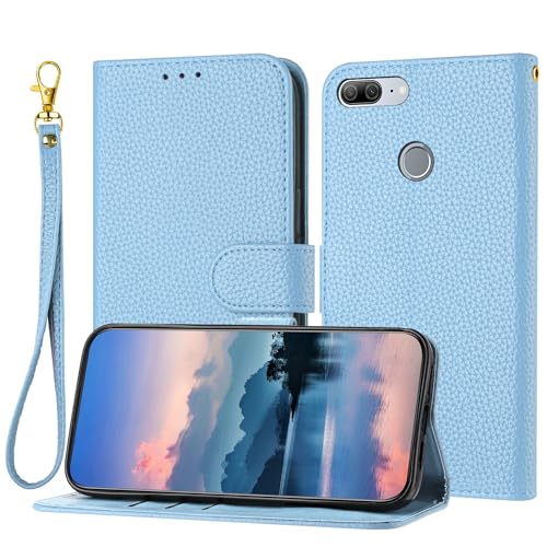 Housse antichoc Honor 9 Lite et P Smart 2018, étui portefeuille en TPU et cuir bleu ciel