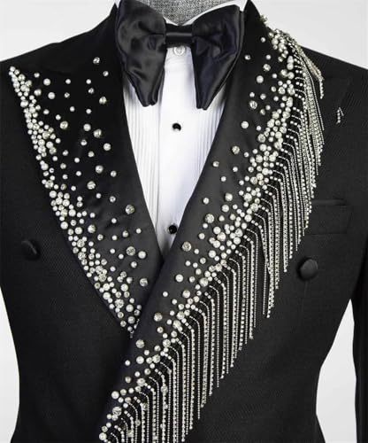 Men's 2 Pieces Suit Black Tuxedo with Rhinestone Slim Fit Peaked Lapel Double Breasted Jacket Pant for Party3