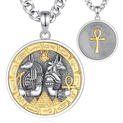 INFUSEU Ancient Egyptian Jewelry Ankh Anubis Necklaces for Men and Women, 22+2 Inch Cuban Link Chain