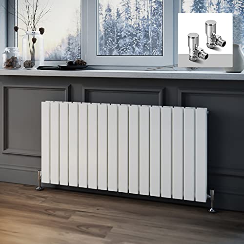 ELEGANT Horizontal Column Designer Radiator Oval Flat Panel White Modern Central Heating Radiators Double Panel 600 x 1216 mm + Valves Chrome