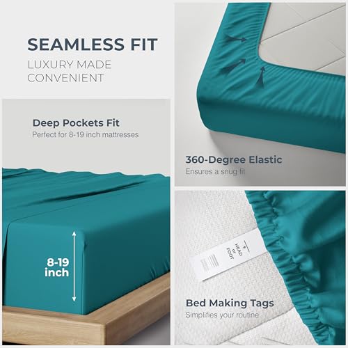 Image of THREAD SPREAD 100% Egyptian Cotton Sheets California King Size - 1500 Series Cal King Sheets Egyptian Cotton (4 PC, Teal), Silky Soft, Sateen Weave, Cooling & Breathable, 17 inch Deep Pocket Bed Set