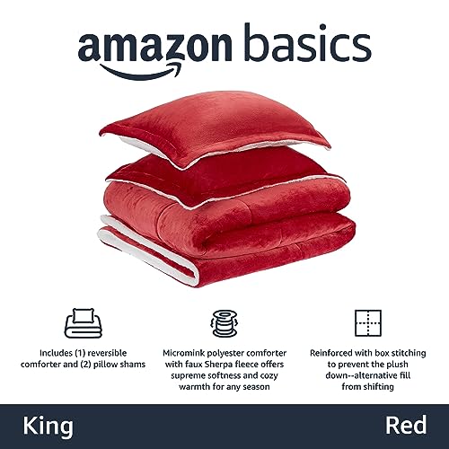 Image of Amazon Basics Ultra-Soft Micromink Sherpa 3-Piece Comforter Bed Set, King, Red, Solid