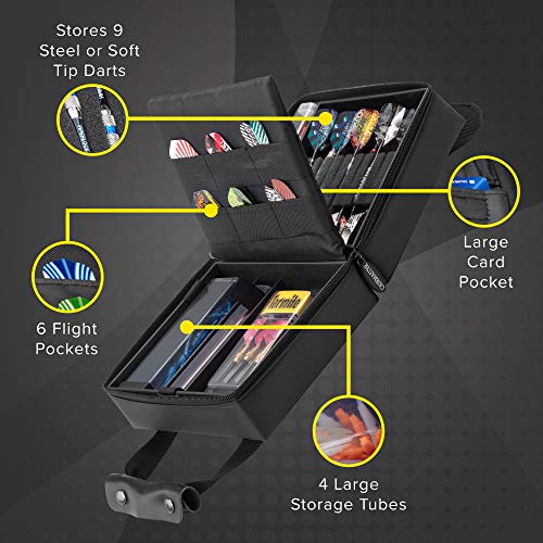 Casemaster Elite Black Nylon Dart Carrying Case; Holds 9 Darts, Steel Tip or Soft Tip, with Additional Pockets, Tubes and Boxes for Extra Tips, Flights, Shafts and Large Containers for Other Accessories