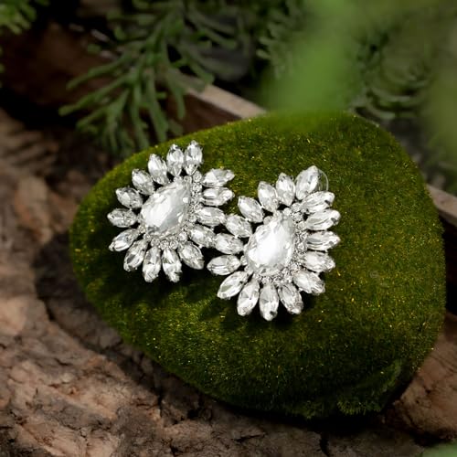 HZMAN Crystal Flower Stud Earring for Women Bridal Dainty Vintage Large Rhinestone Earring Novel Irregular Earring Wedding Party Prom Jewelry Gift (Silver)4