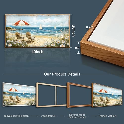 ERQINHUA Large Canvas Wall Art For Living Room Bedroom Wall Decor Office Blue Seaside Landscape Painting Wood Frame Room Bathroom Dining Room Prints Artwork Picture Home Wall Decoration 20x40 In