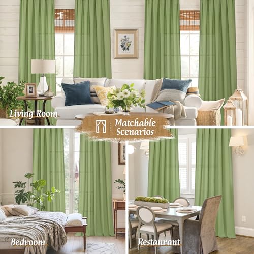 Image of LAMIT Green Linen Curtains 63 inch Length for Bedroom, Faux Linen Light Filtering Window Treatments Neutral Rod Pocket Drapes for Living Room /Farmhouse, 2 Panels Set, 42 x 63 Inch