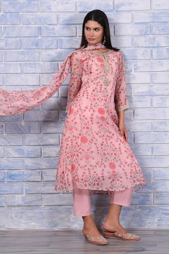 Image of W for Woman Pink Floral Printed Dori Embroidered Organza Flared Kurta, Straight Pant And Dupatta Set