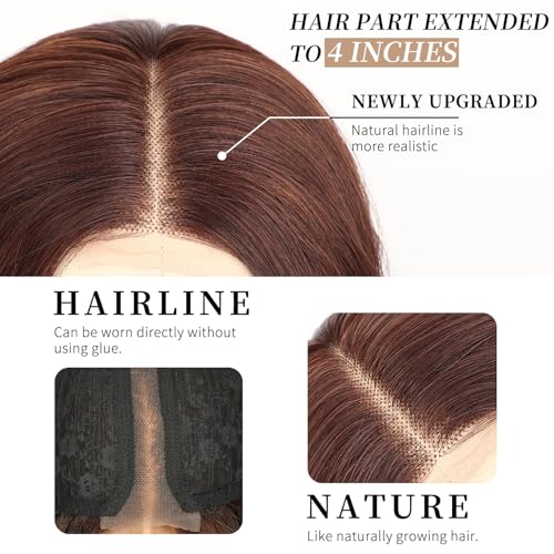Image of AISI HAIR Chocolate Copper Brown Mixed Light Brown Wig for Women, Long Wavy Lace Hairline Middle Part Synthetic Heat Resistant Wig for Daily Party-26 Inch