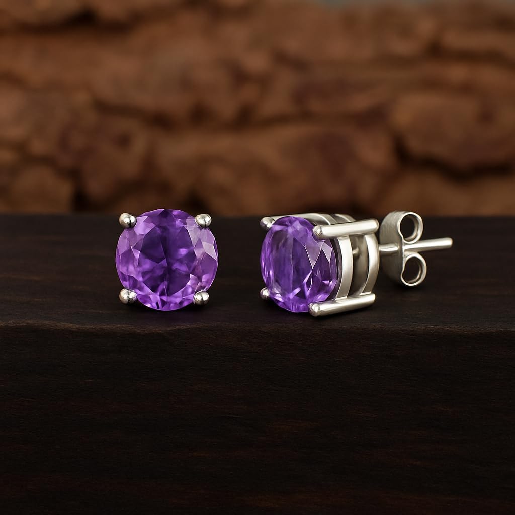Sechi Genuine Amethyst Stud Earrings in 925 Sterling Silver | Hypoallergenic February Birthstone Earrings for Women | Classic Gemstone Jewelry Gift - Image 4