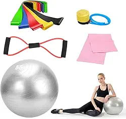 Kit Pilates em Casa, Bola 55cm Antiestouro com Bomba de Ar, Suporta 200kg, 7 Faixas Elásticas, Kit Essencial para Ioga em Casa, Adequado para Pilates, Ioga, Ginástica e Atividades Semelhantes