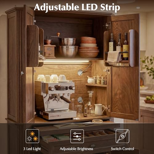Image of 72.2 inch Tall Kitchen Pantry Cabinet with Doors, Farmhouse Storage Cabinet with Charging Station & LED Light, Drawer, Adjustable Shelves and Pull-Out Shelves, Walnut Wood Pantry Cupboard for Dining Room