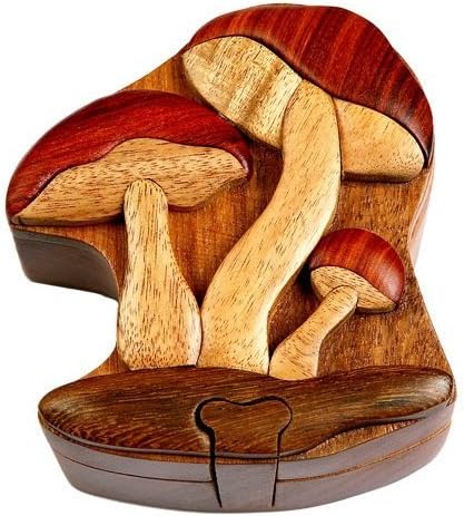 Mushroom - All Natural Wood Intarsia Puzzle Box - Handcrafted with Secret Compartment