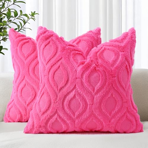 decorUhome Fall Throw Pillow Covers 20x20 Inch Set of 2, Soft Plush Decorative Faux Fur Hot Pink Solid Couch Pillow Covers, Accent Farmhouse Neutral Square Euro Pillow Cases for Sofa Bed Living Room