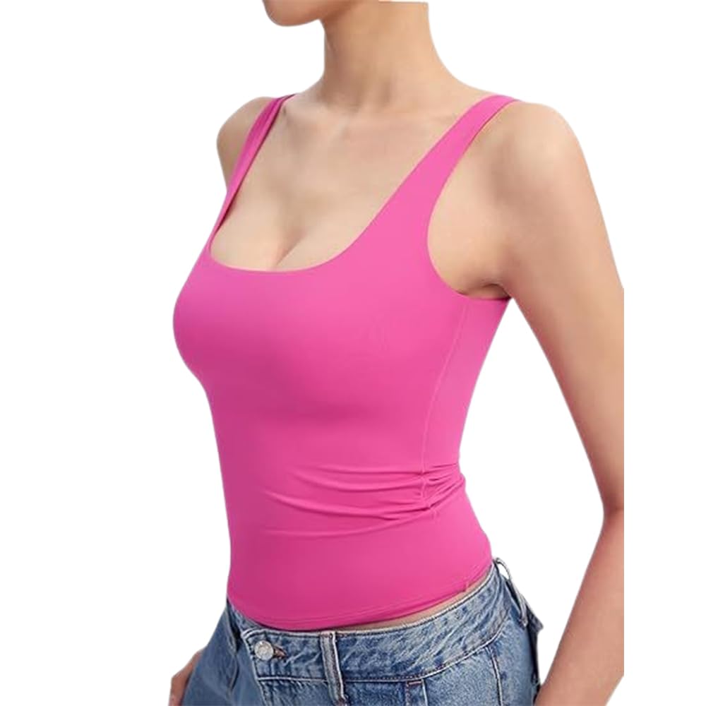 VPVLVZN Womens Square Neck Tank Top Sleeveless Double Lined Basic Cropped Tank Tops Knit Ribbed Tank (Pink,Large)