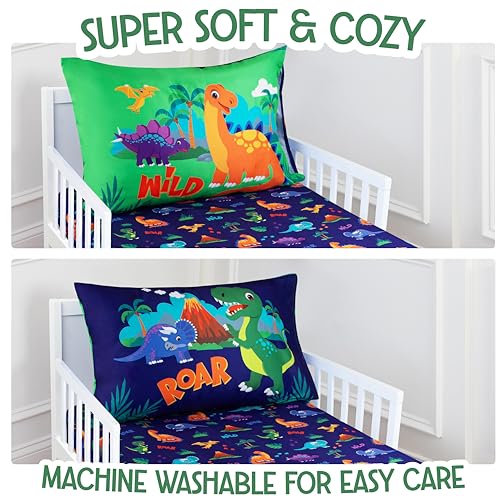 Image of Todays Kids 2-Piece Dinosaurs Toddler Bed Sheets Set - Soft & Breathable Toddler Bedding Set, Machine Wash & Fade Resistant - Secure Fitted Sheet & Matching Pillowcase - Fits 28 inch x 52 inch Crib Mattress