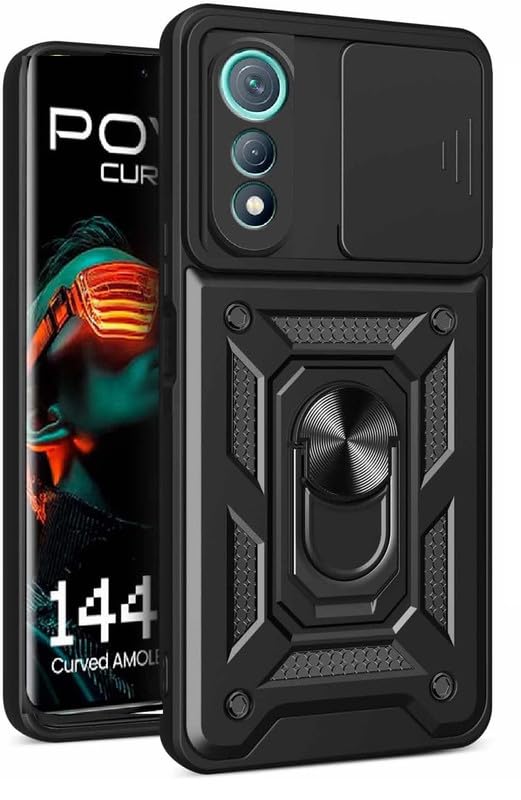 Image of Heavy Duty Back Case Cover for Tecno Pova Curve 5G, Shockproof Tecno Pova Curve Back Cover, Ring Case with Kickstand and Camera Protection Shutter - Black