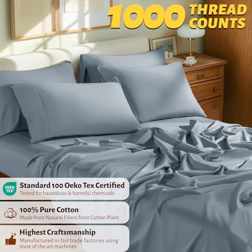 Shilucheng 100% Egyptian Cotton Queen Size Sheets Set - 1000 Thread Count,Luxury Cotton Bed Sheets,Breathable & Cooling Bedding and Pillow Cases, 16 Inch Deep Pocket - 6 Piece (French Blue, Queen)