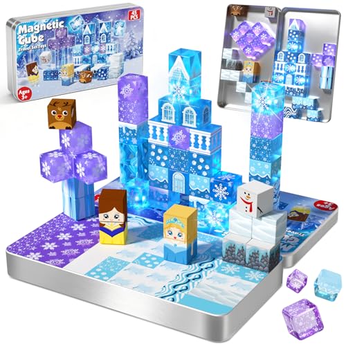 Magnetic Blocks 45pcs Travel Toys Building Set with Magnetic Tin Box Transparent & Light Up Magnet Cubes for Blue Snow Castle Build Princess Toy Birthday Gift for Kid Girl 3+