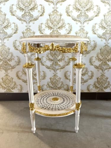 CasAmin Home & Living Runder Weißer Beistelltisch aus Holz im Retro Antik Barock Stil, Handgefertigt mit Marmorplatte, Couchtisch, Teetisch als Wohndekoration – Bild 3