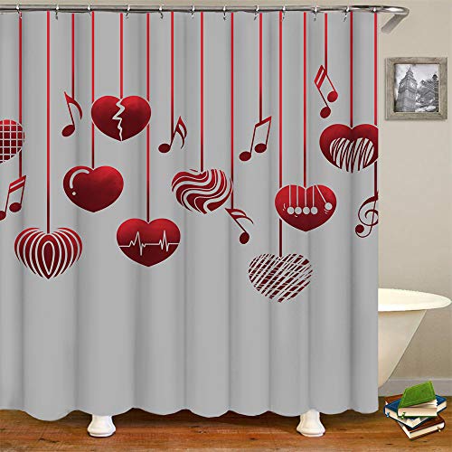 Rnnjoile Heart Shower Curtain Red Hearts And Music Notes Curtain Love Theme Bathroom Decor Set With Hooks 72"×72" Grey #TOP2