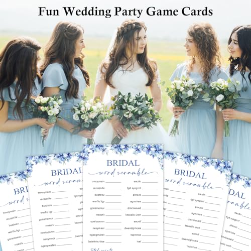Image of Bridal Word Scramble Bridal Shower Games, 25 Blue Floral Wedding Shower Game Cards & 1 Answer Card, Engagement Party Game for Guests, Wedding Games for Reception, Marriage Party Supplies -17
