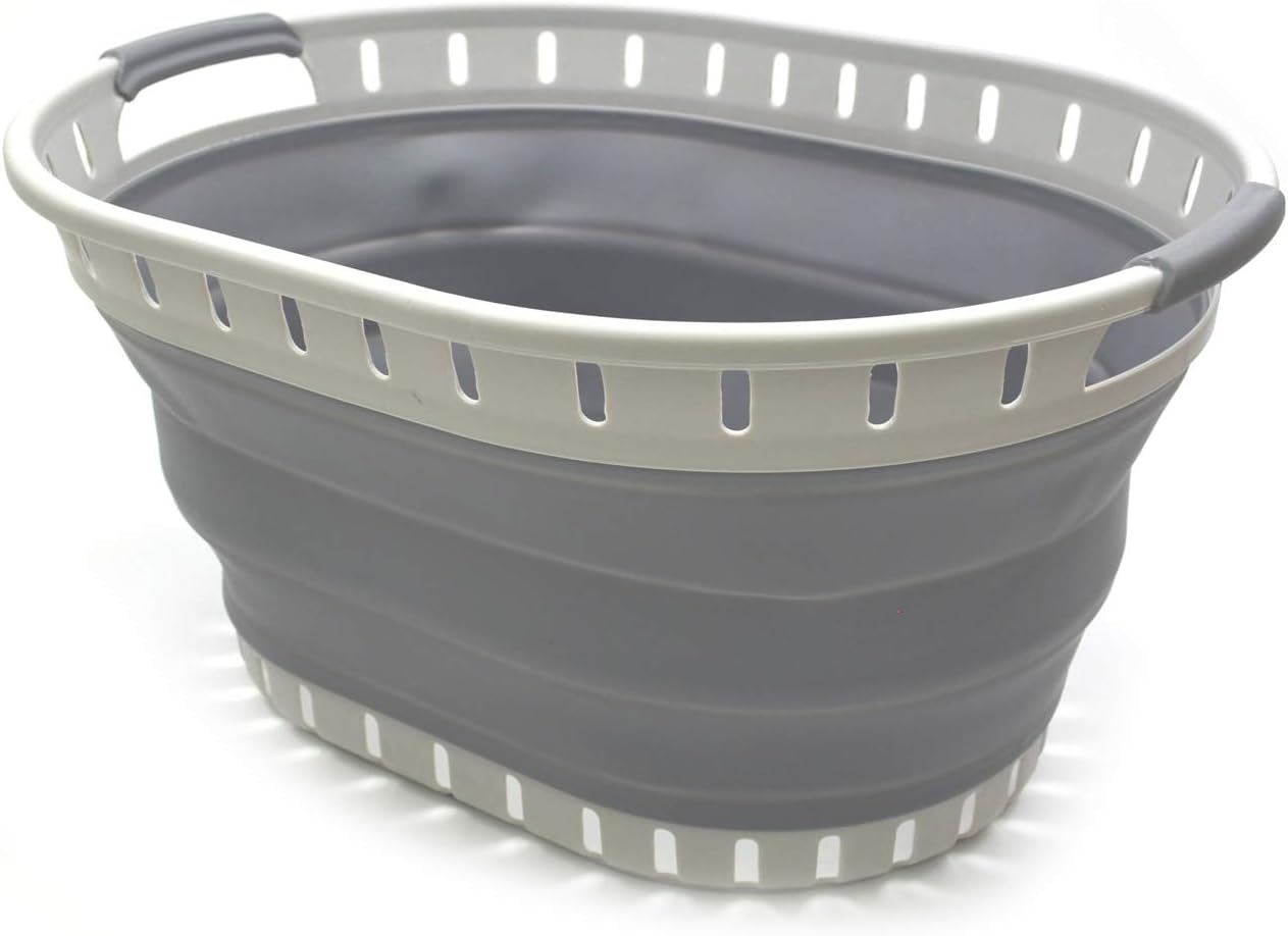 SAMMART 25L (6.6 gallon) Collapsible Plastic Laundry Basket - Foldable Pop Up Storage Container/Organizer - Portable Shopping Basket - Space Saving Hamper (Oval set of 2, Dark Grey)