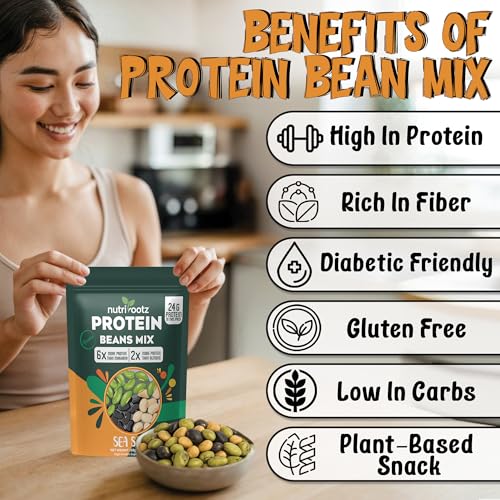 Image of Nutrirootz Roasted Protein Beans Mix | 60g x Pack of 7 | Sea Salt Flavor | 24g Protein | Edamame Beans | High Protein Snack | Diabetic & Keto Friendly | Gluten Free | Rich in Fiber & Omega-3