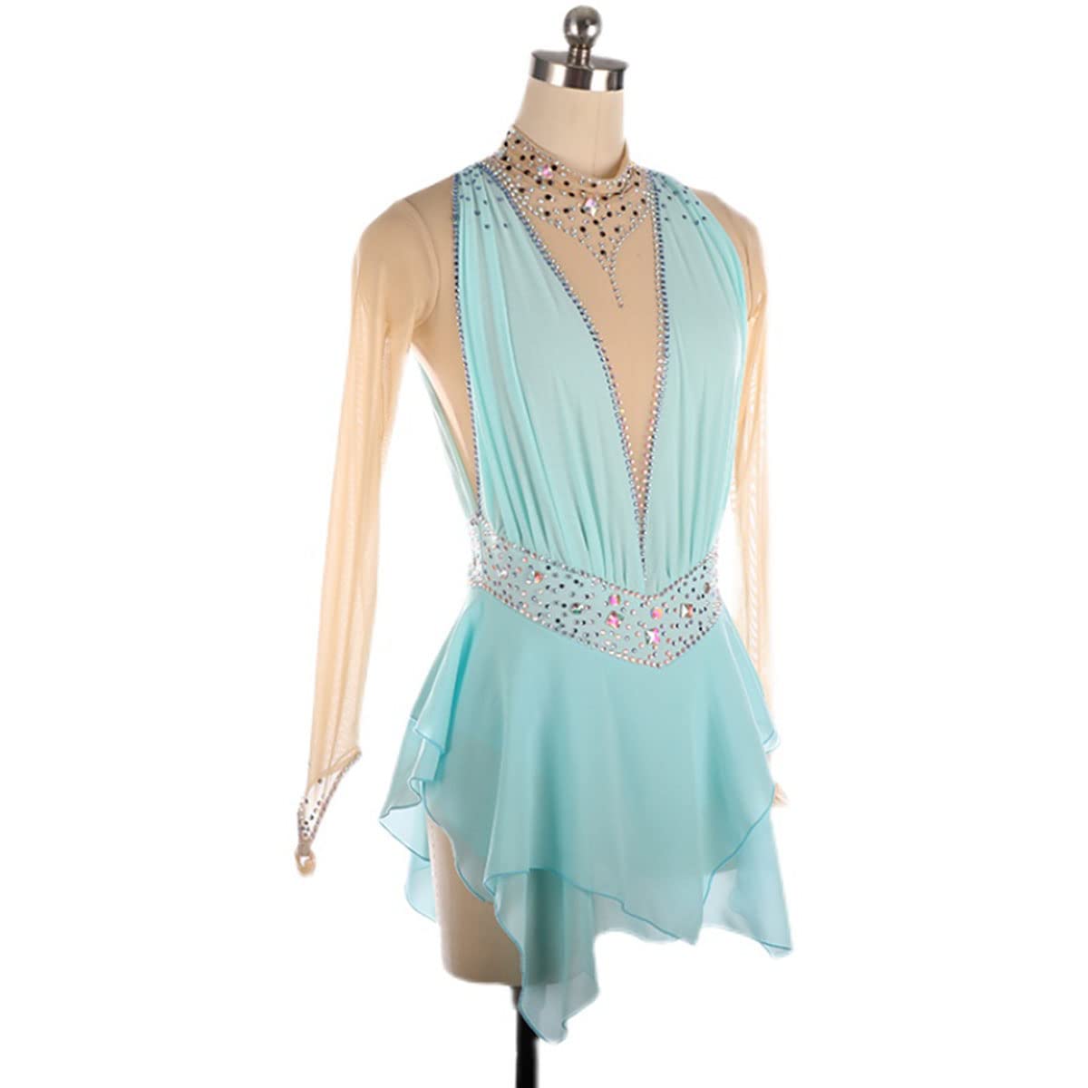 Costume da pattinaggio per ragazze adulte dolcevita blu diamante maniche lunghe gonna pattinaggio ragazze body ginnastica gara allenamento atletica femminile (L, blu)