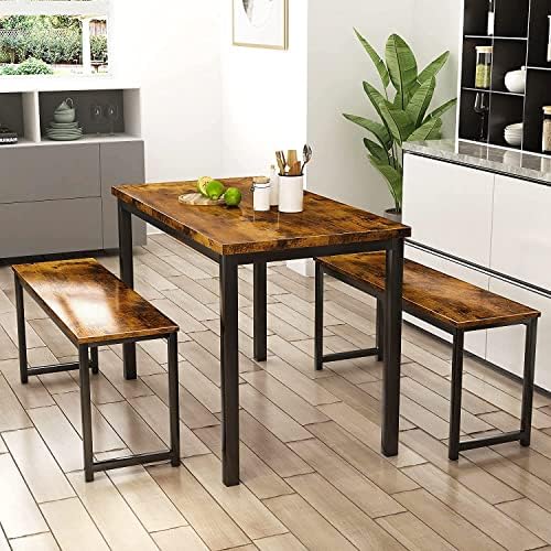 HOOSENG Dining Table Set with Bench, 3-Piece Kitchen Table Set with Metal Frame, MDF Board Tabletop for Breakfast Nook, Dining, Kitchen, Small Spaces, Rustic Brown, 43"