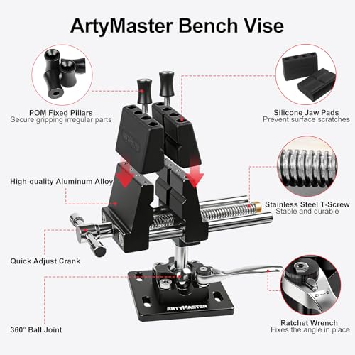Image of ArtyMaster 360 Rotating Bench Vise with Quick-Release Ratchet Wrench - Versatile Woodworking & Pipe Vise for Home Improvement - 4 Inch Workbench Vise for Carving, Repair & DIY Projects (WT117B)