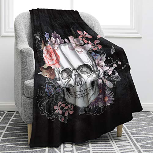 Jekeno BLANKET16005 Skull Blanket Gifts For Women Men, Rose Skull Throw Blankets For Adult Kids, Halloween Christmas Birthday Valentine'S Day Gothic Decor Gifts For Home Bed Couch cover