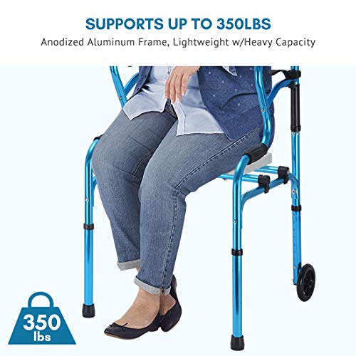 Health Line Massage Products 4 in 1 Stand-Assist Folding Walker with Detachable Seat, Trigger Release and 5" Wheels Supports up to 350 lbs, Compact Lightweight & Portable - w/Bonus Glides, Blue