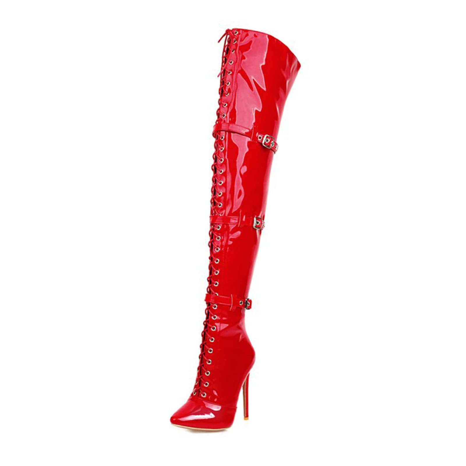 4.72IN Femmes Grande Taille Fétichiste Sexy Talons Hauts Chaussures en Cuir Laqué Pointes Pointues Talons Bas Talons Hauts Lacets Motocyclettes Genou - Cuisse Bottes