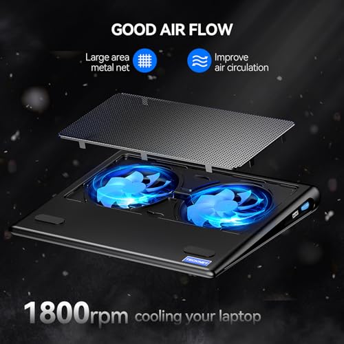 TECKNET Laptop Cooling Pad - 12"-15.6" Laptops Cooler, Powerful Cooler and Ultra Quiet for Gaming Laptops Pad, 2 Wind Speed Adjustable, USB A & C Powered Cooler Stand with Laptop Fan LED (Blue) by TECKNET - Image 6